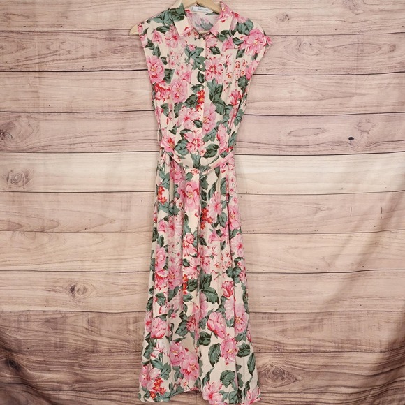 Mng Basics Dresses & Skirts - MNG Dress Womens 6 Multicolor Floral Maxi Shirt Dress Collared Belted Mango
